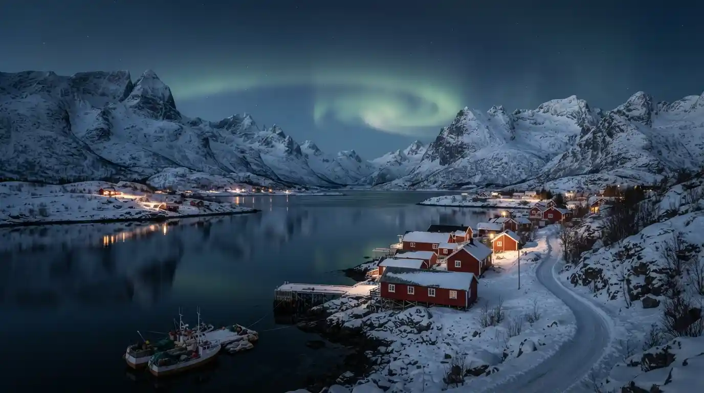 Snow-covered Norwegian fjord and mountain village beneath the northern lights in winter