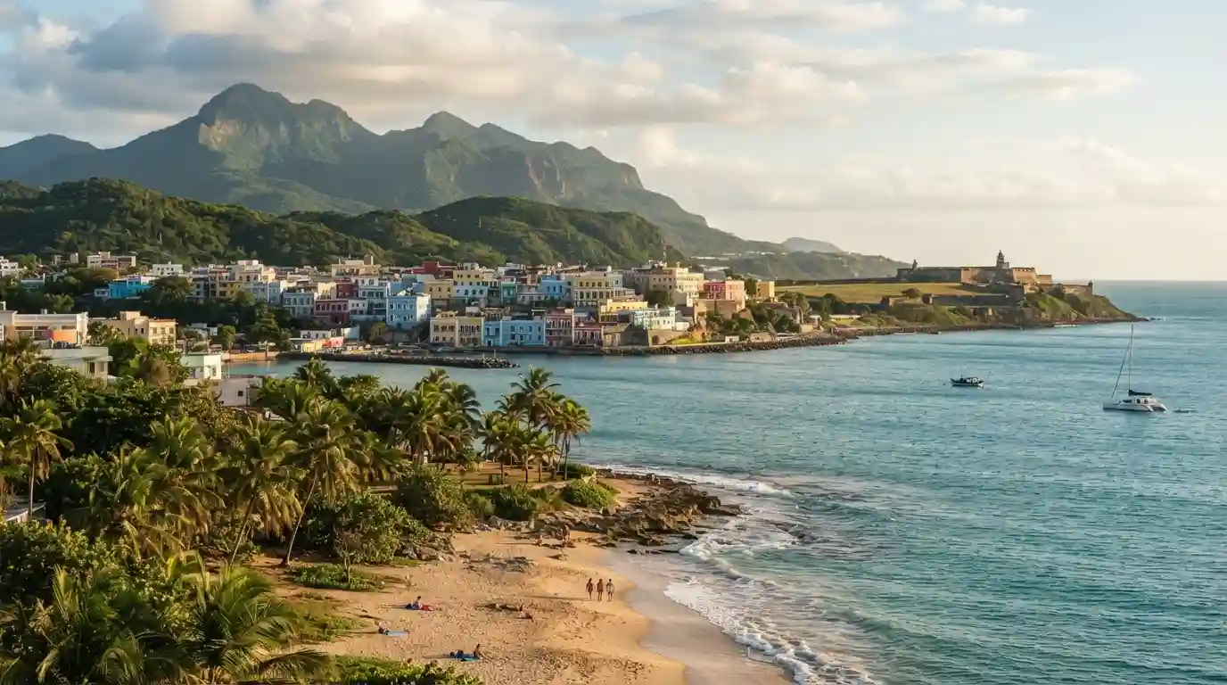 Puerto Rico coastal landscape with a tropical beach, historic architecture, and green mountains in the background