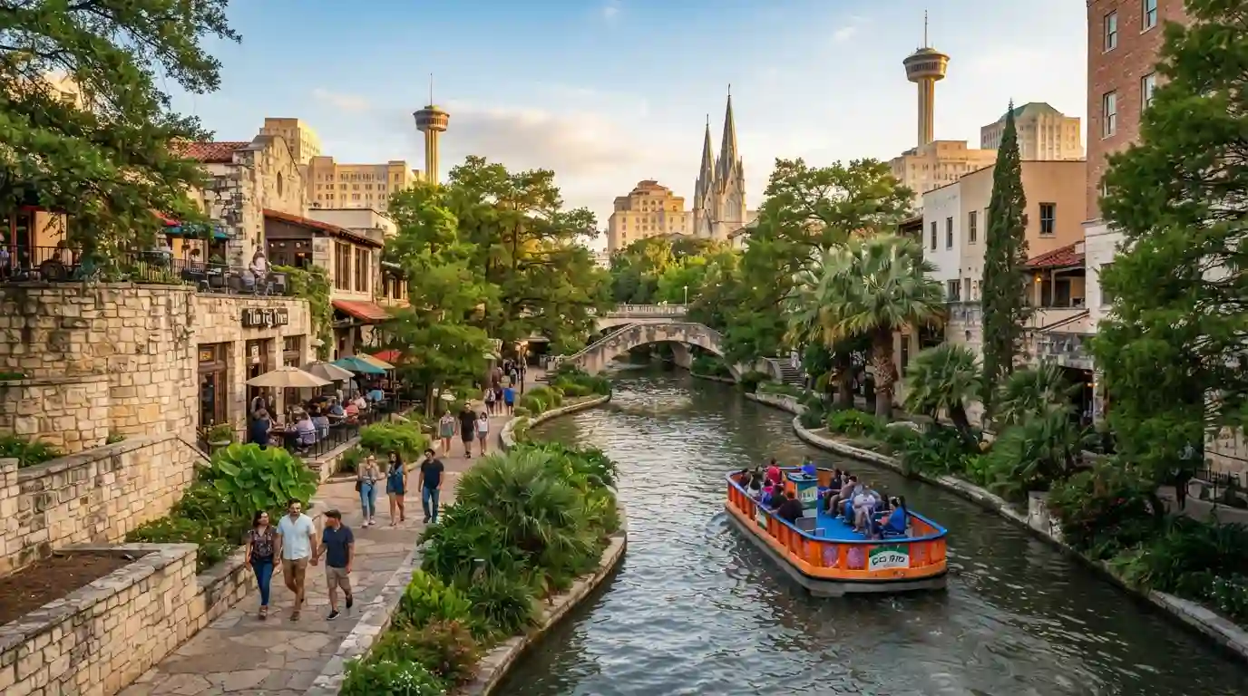 San Antonio River Walk with lush greenery, river boats, and downtown surroundings