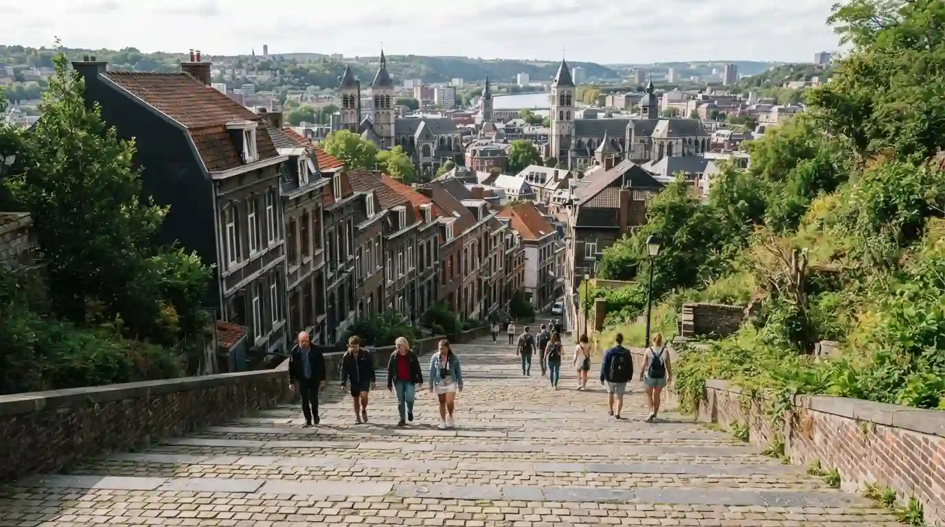 Montagne de Bueren staircase overlooking the historic city of Liège, Belgium