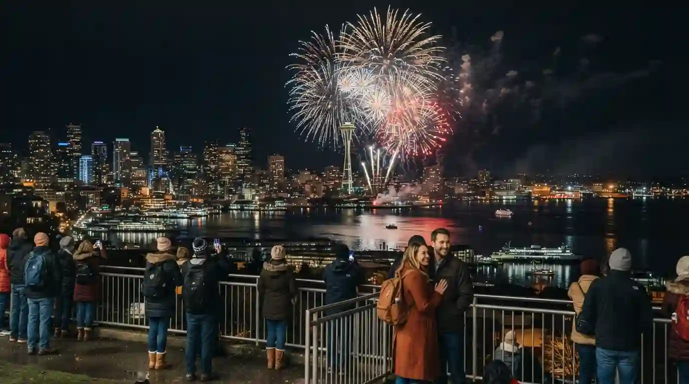 Fireworks illuminate a U.S. city skyline during a New Year’s Eve celebration