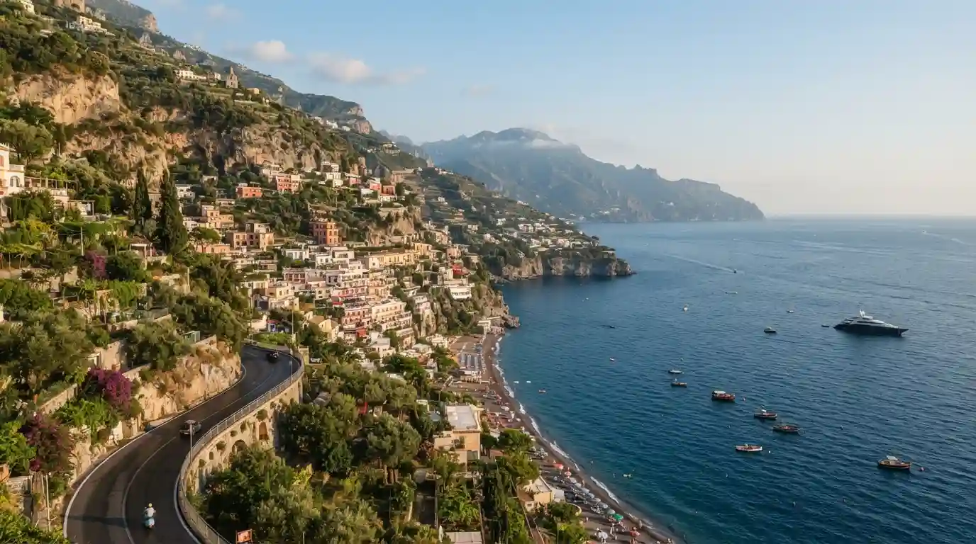 Colorful Amalfi Coast village overlooking the Mediterranean Sea
