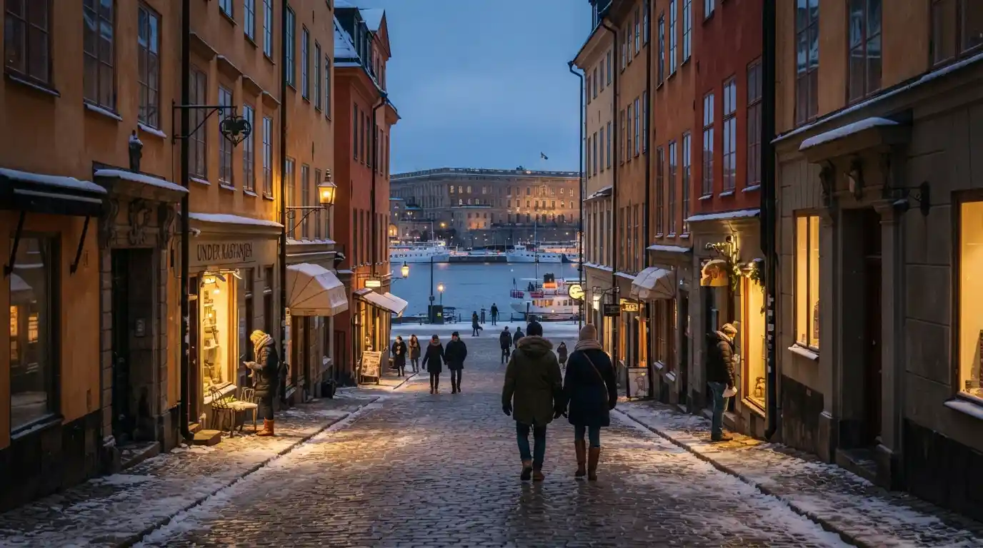 Snow-covered Gamla Stan streets in Stockholm during winter with historic buildings and warm lights.