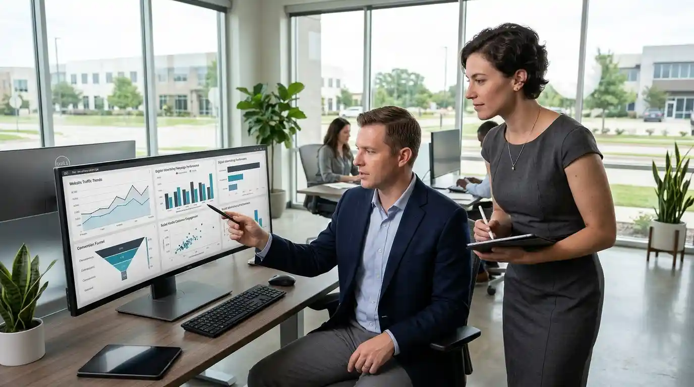Marketing executives reviewing digital campaign analytics and business growth metrics in a modern office.