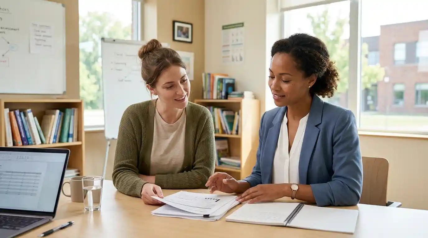 Educational psychologist and teacher reviewing learning assessment materials in a school consultation room.