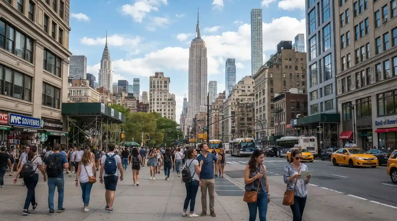 New York City skyline and busy Midtown streets representing a popular US travel destination