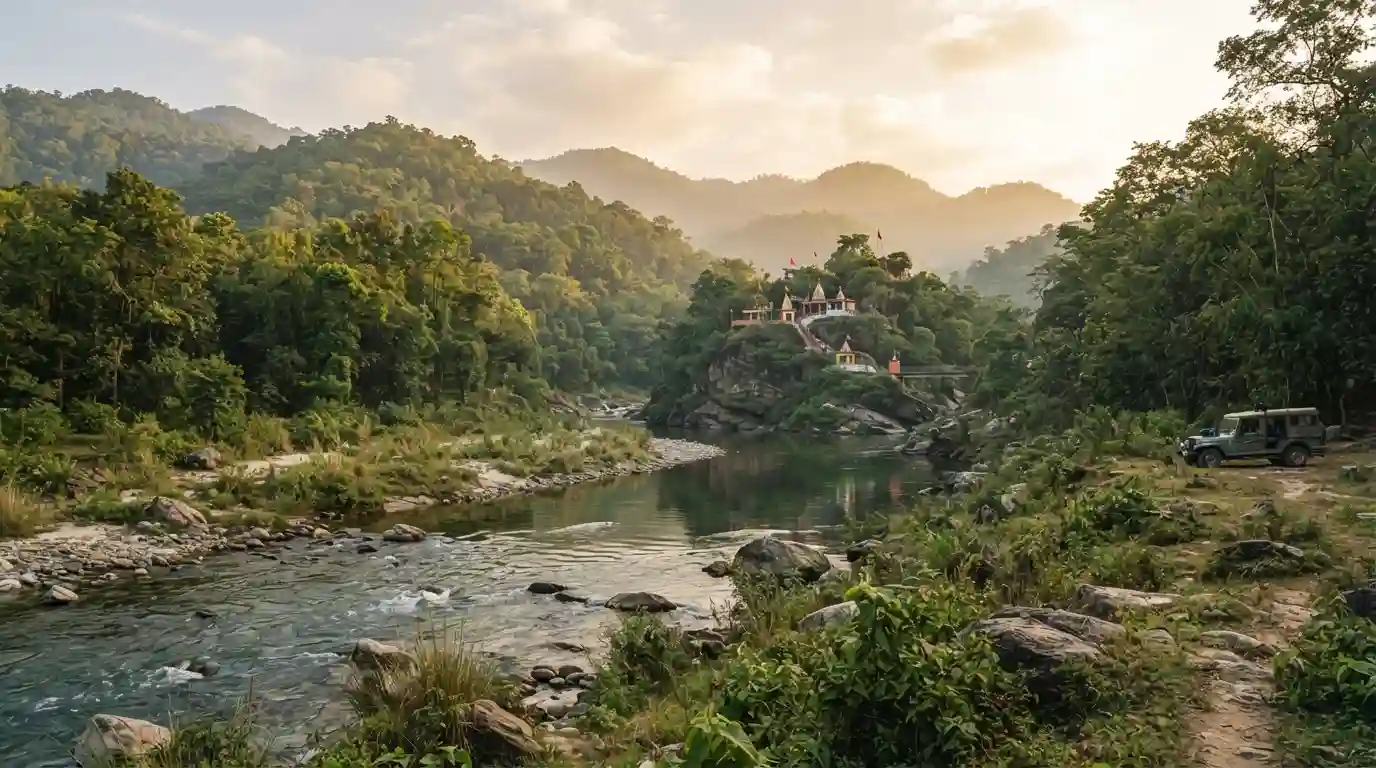 Scenic forest and Kosi River landscape near Jim Corbett National Park in Uttarakhand