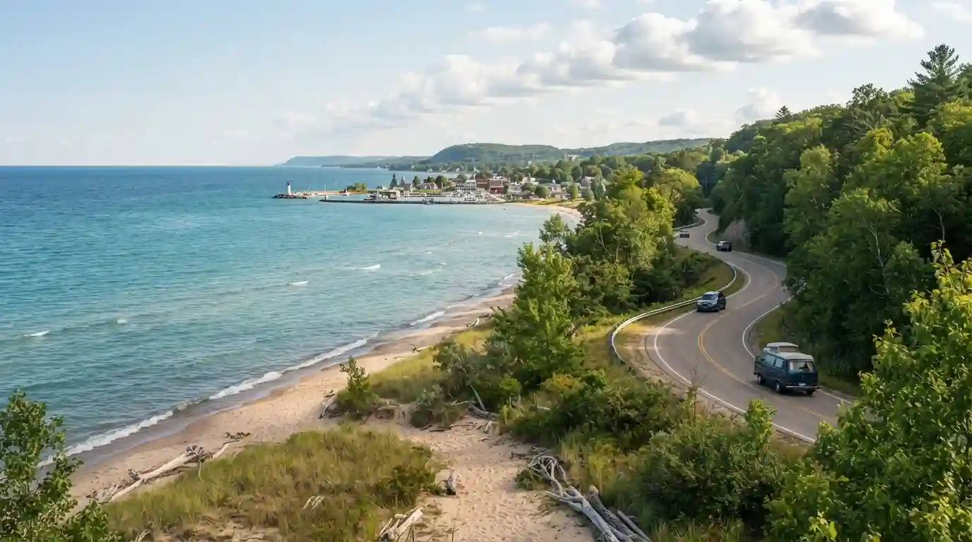 Scenic Lake Michigan shoreline with a sandy beach and green summer landscape