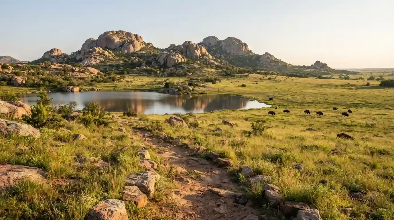 Rocky Wichita Mountains overlooking a lake and grassland in southwestern Oklahoma.