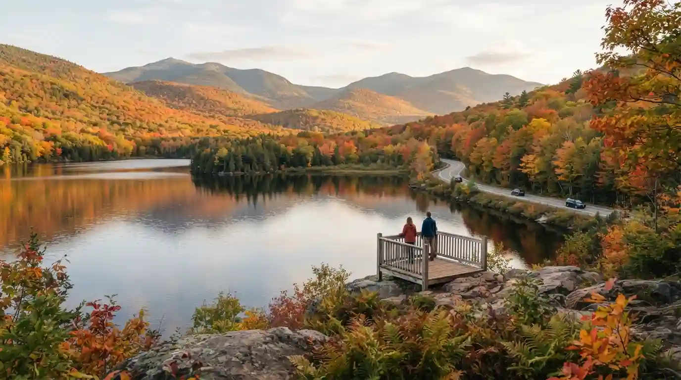 Autumn mountain and lake landscape surrounded by colorful forests in Upstate New York