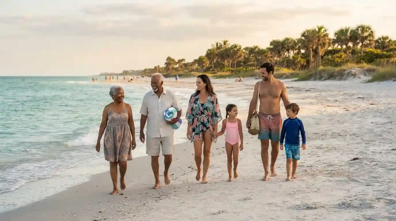 Family enjoying a sunny beach vacation on the Florida coast