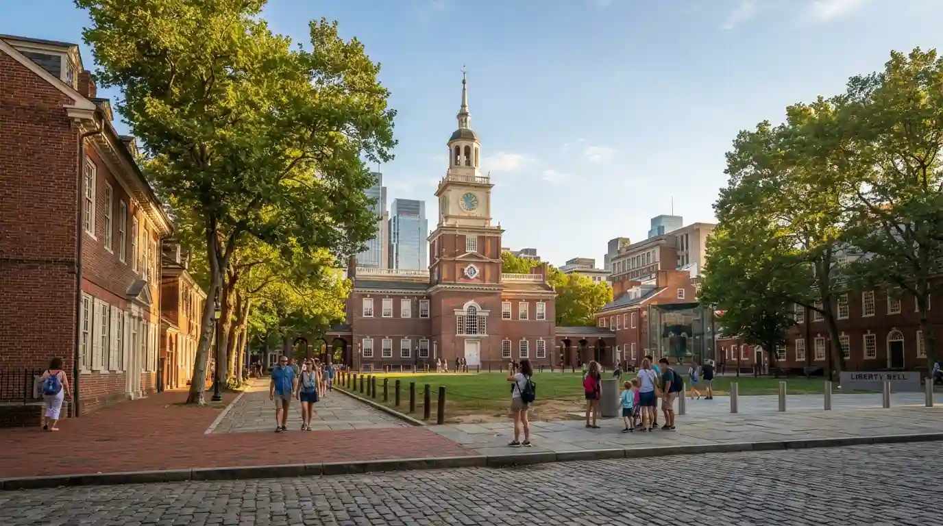 Independence Hall and historic Philadelphia streets with visitors exploring the city