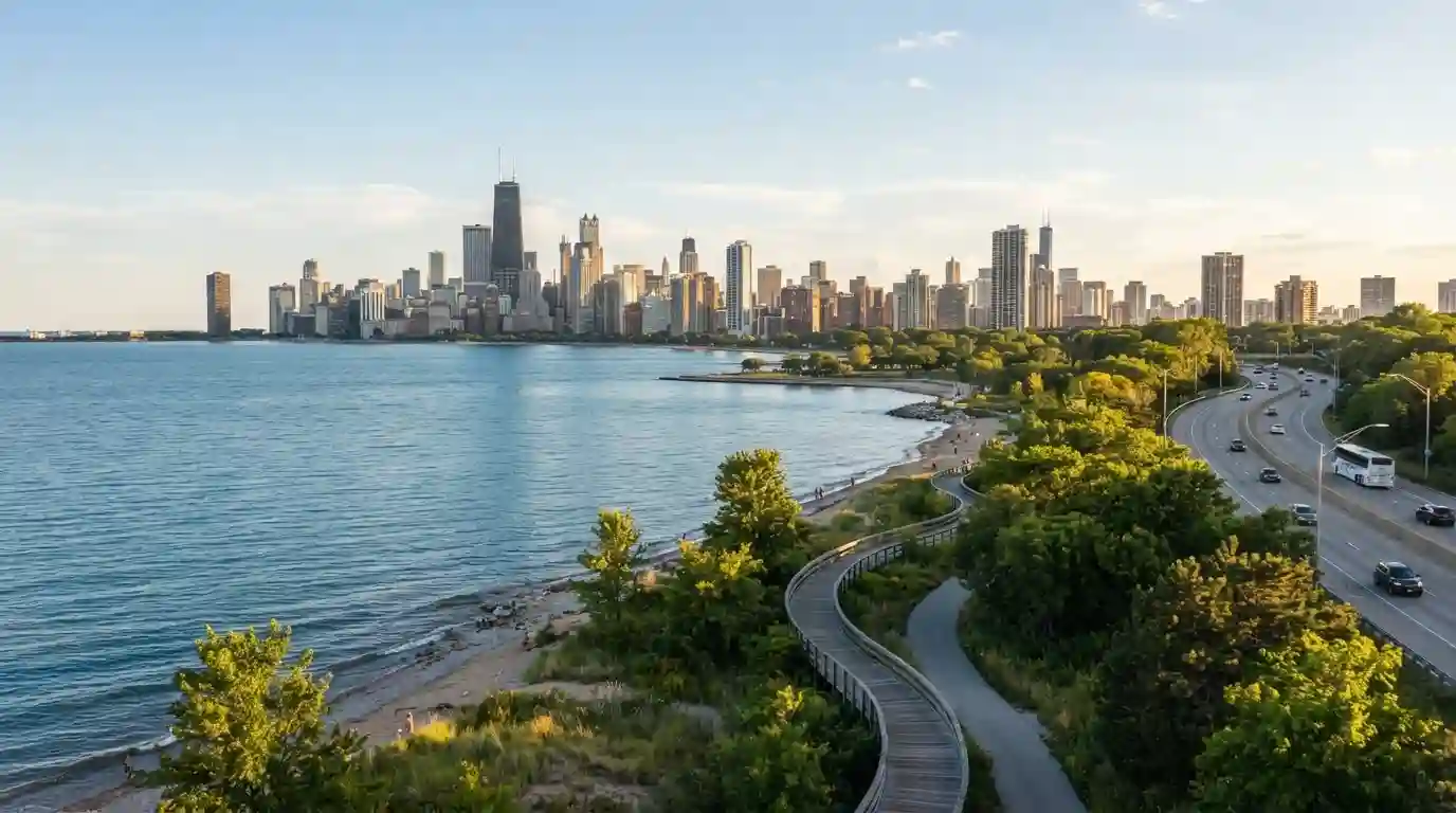 Chicago skyline and scenic Great Lakes landscape representing Midwest travel destinations