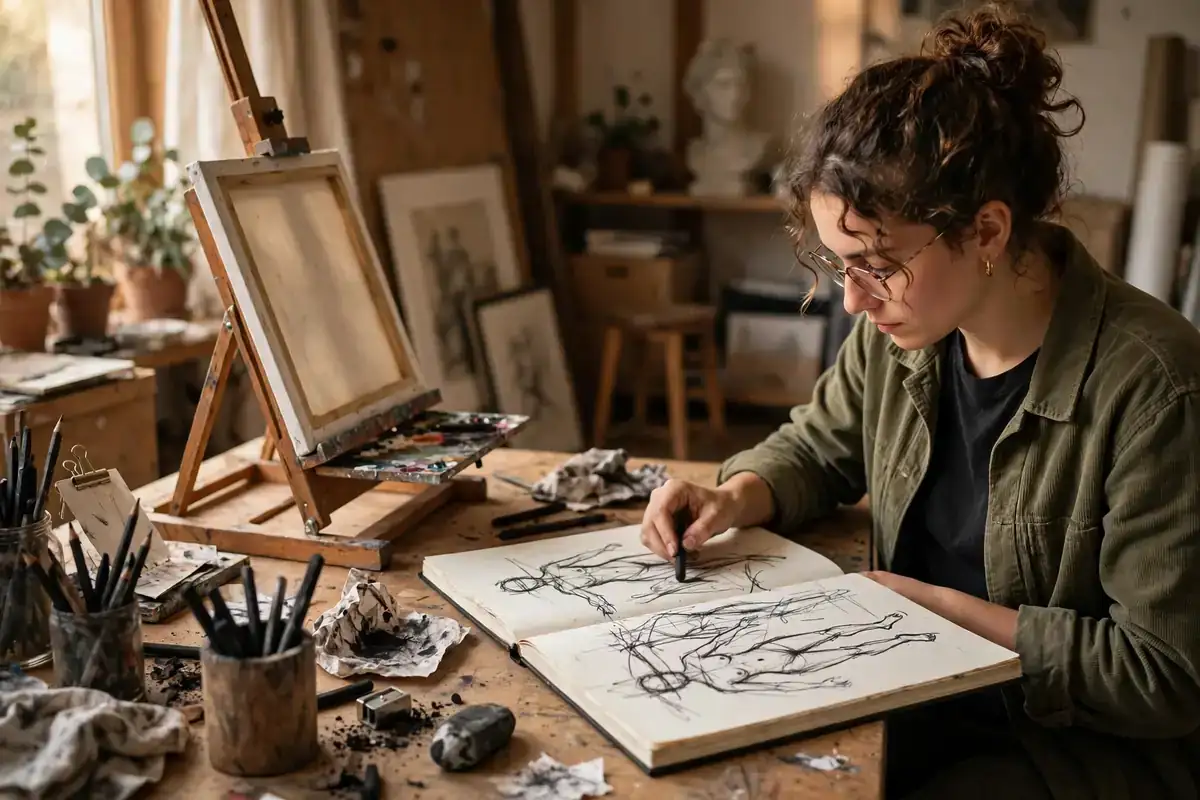 Artist making quick charcoal gesture sketches of a human figure for beginners