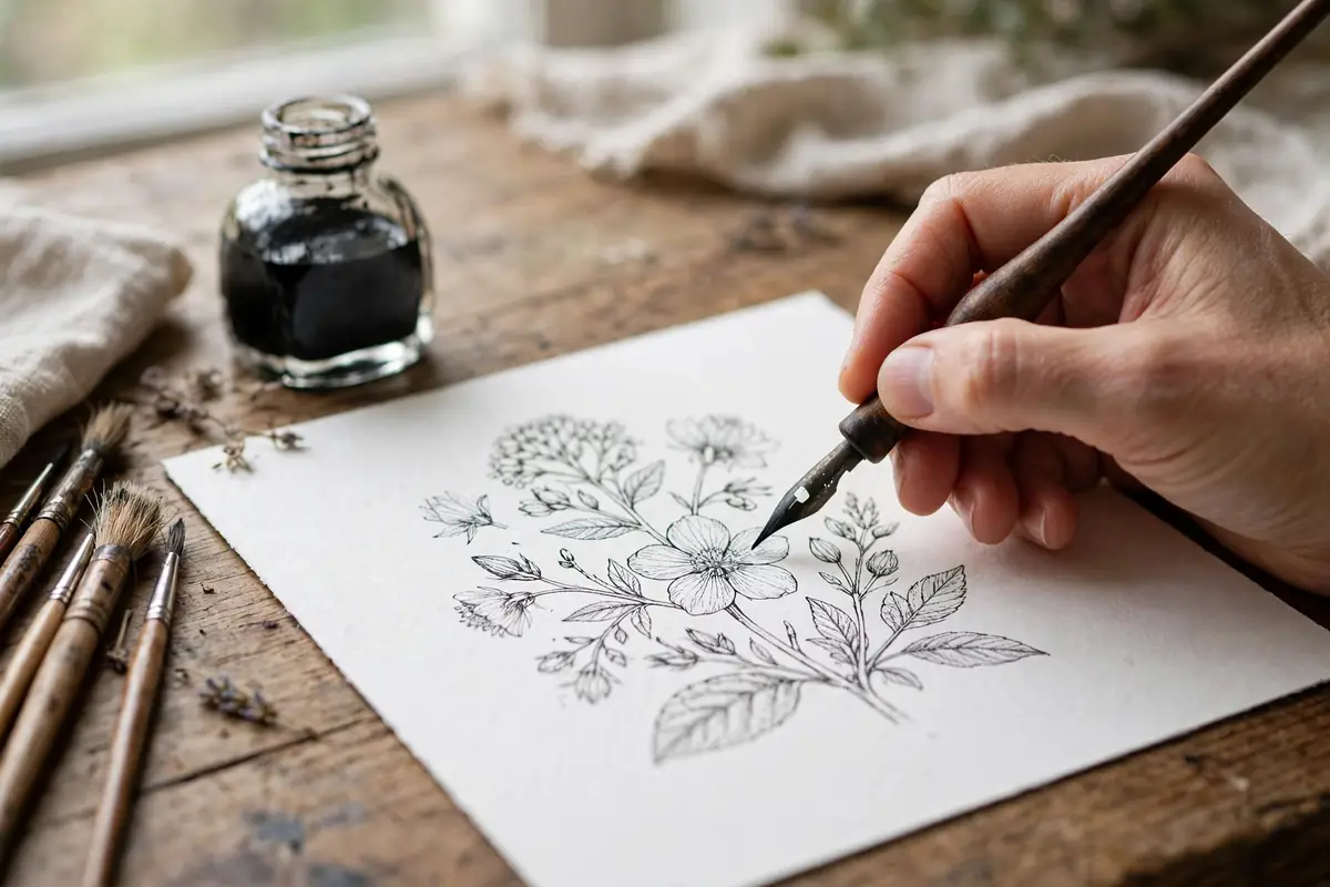 Hand drawing a botanical ink illustration with a dip pen for beginners