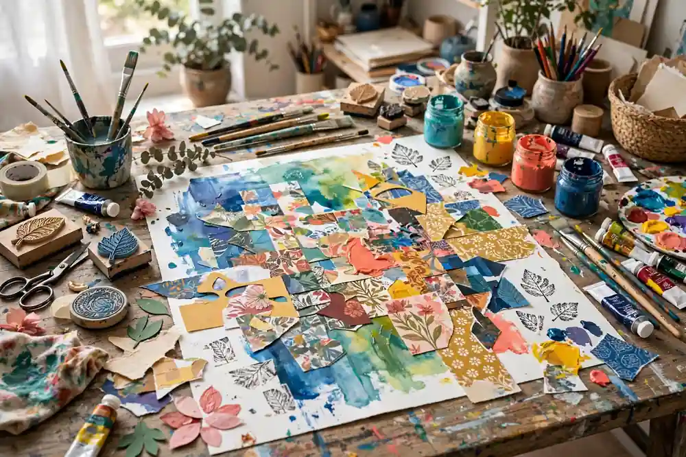 Artist worktable with colorful mixed media artwork, paints, and collage papers