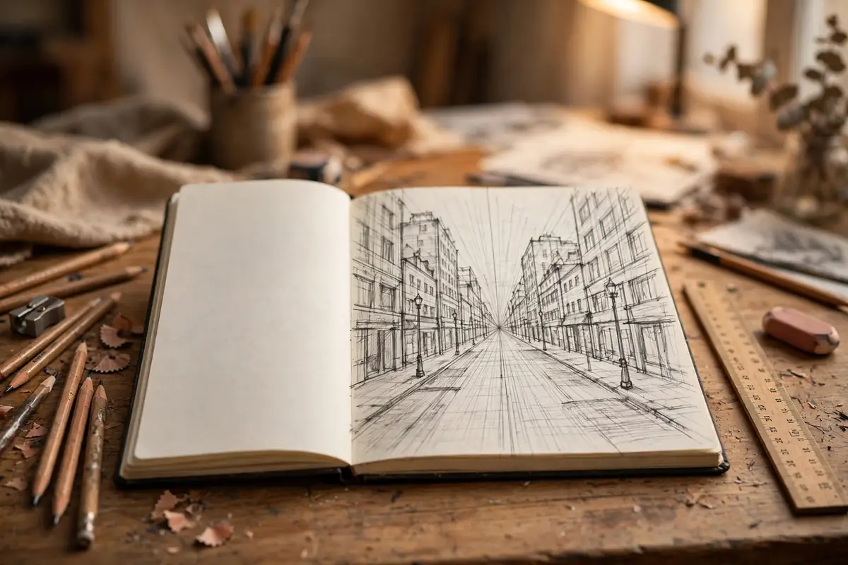 Sketchbook showing a one-point perspective drawing of a city street for beginners