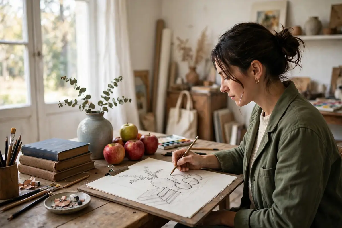 Artist sketching a still life drawing of fruit, a vase, and books for beginners