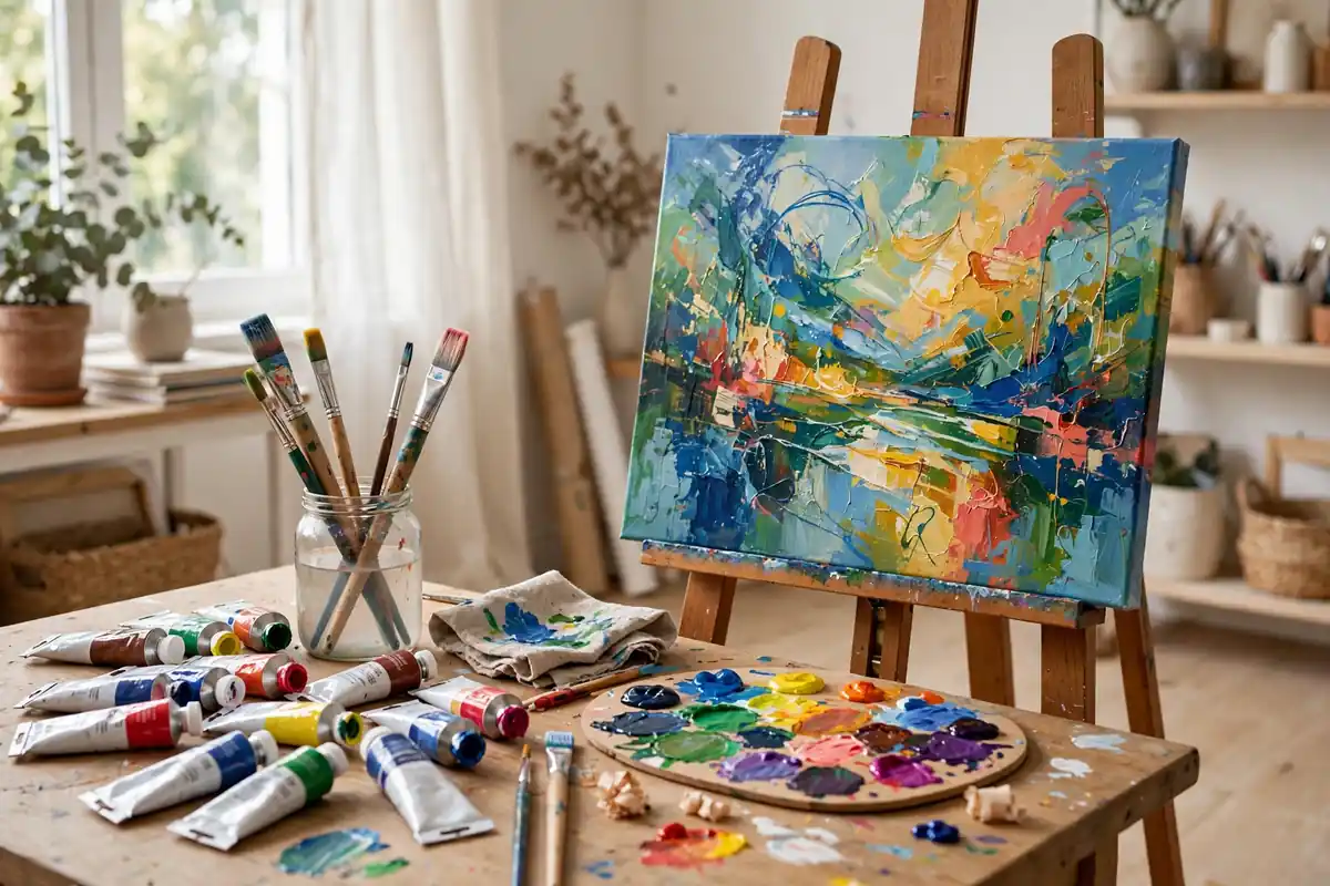 Acrylic paint tubes, brushes and a colorful canvas painting on an easel in a bright art studio
