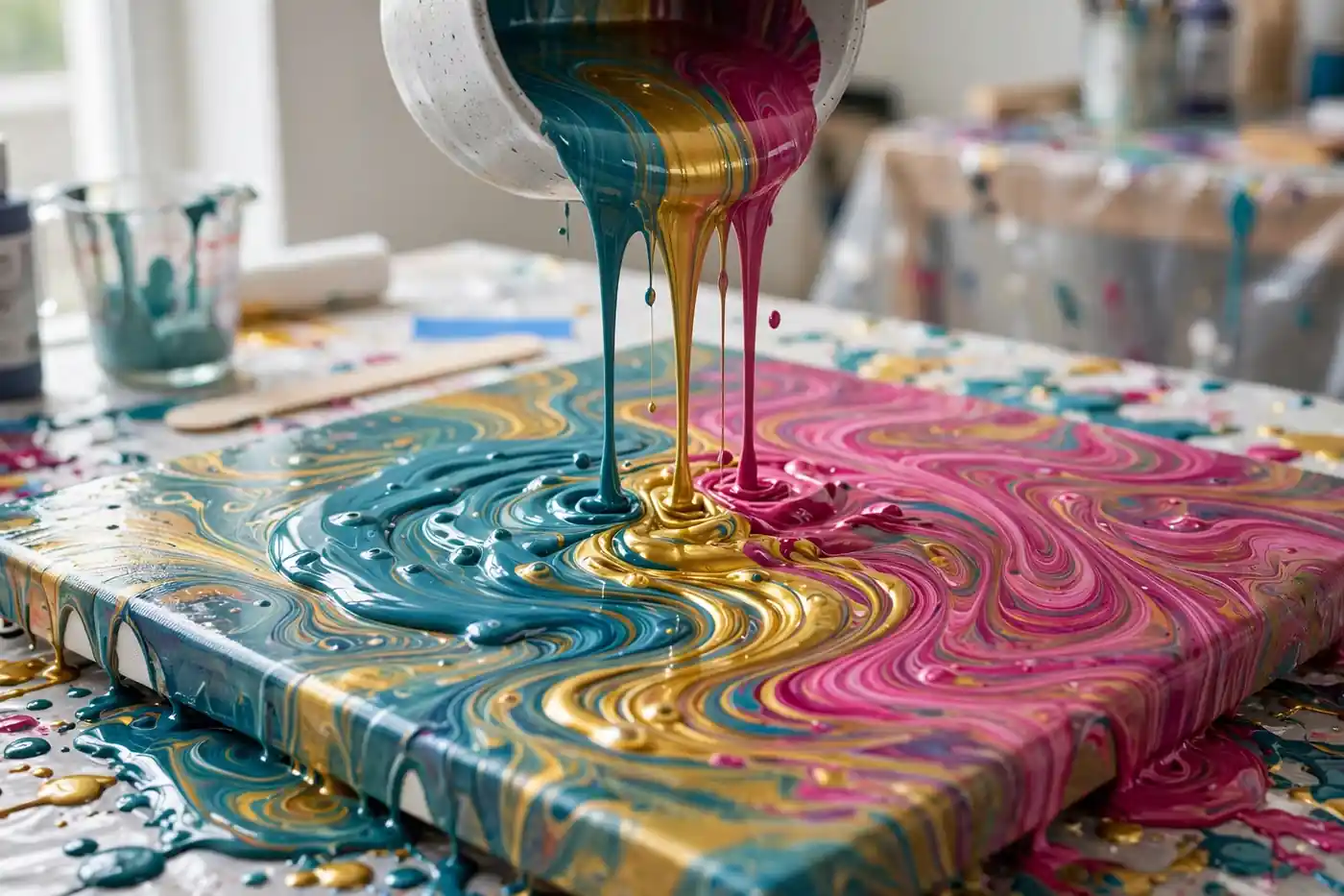 Colorful acrylic pour painting being poured onto canvas with marbled teal, gold and magenta swirls — acrylic pour painting