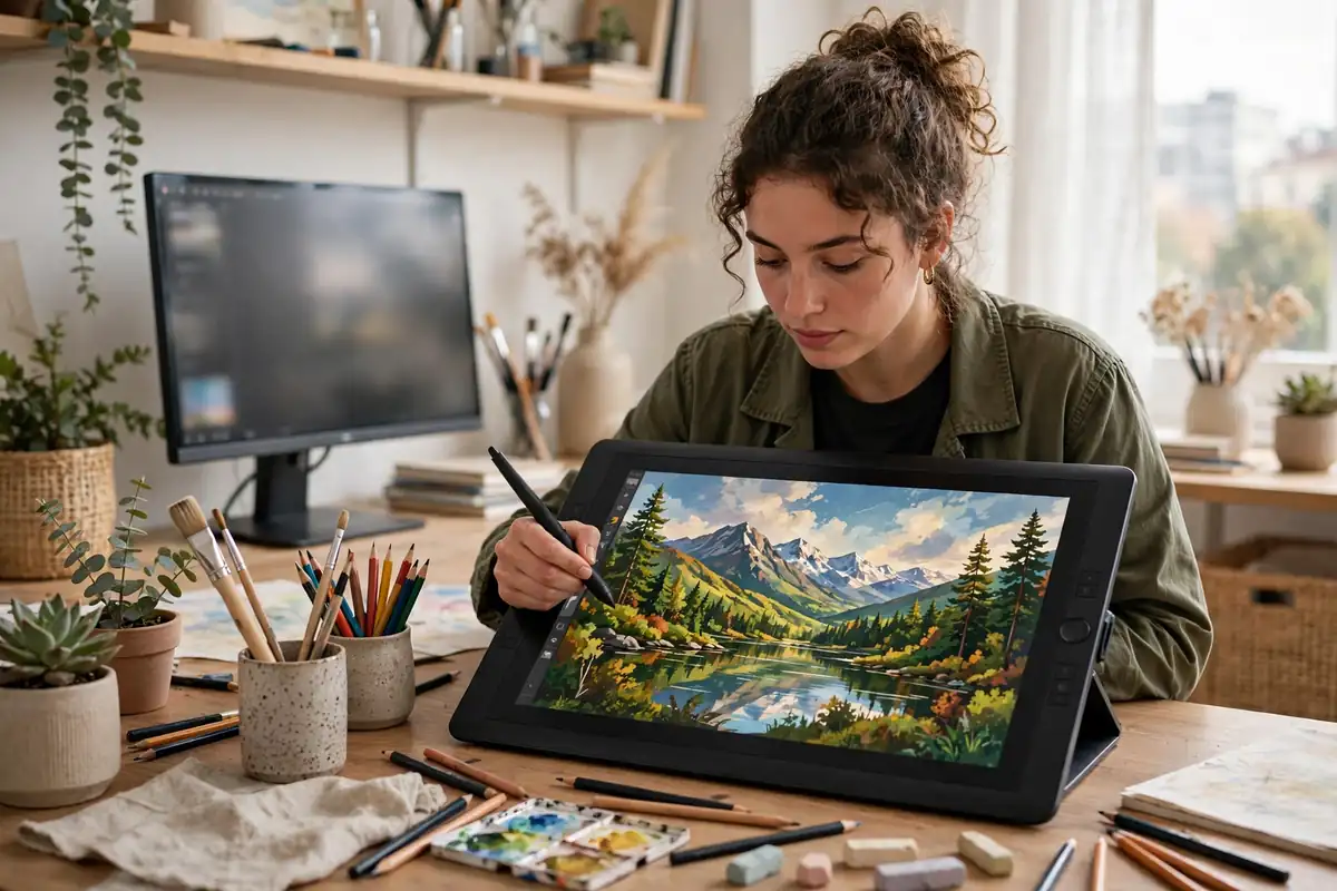 A digital artist drawing a colorful mountain landscape on a large pen display drawing tablet with a stylus at a bright studio desk