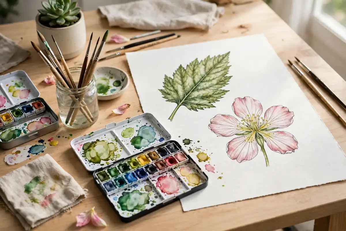 Botanical illustration workspace with watercolor paints and a leaf study