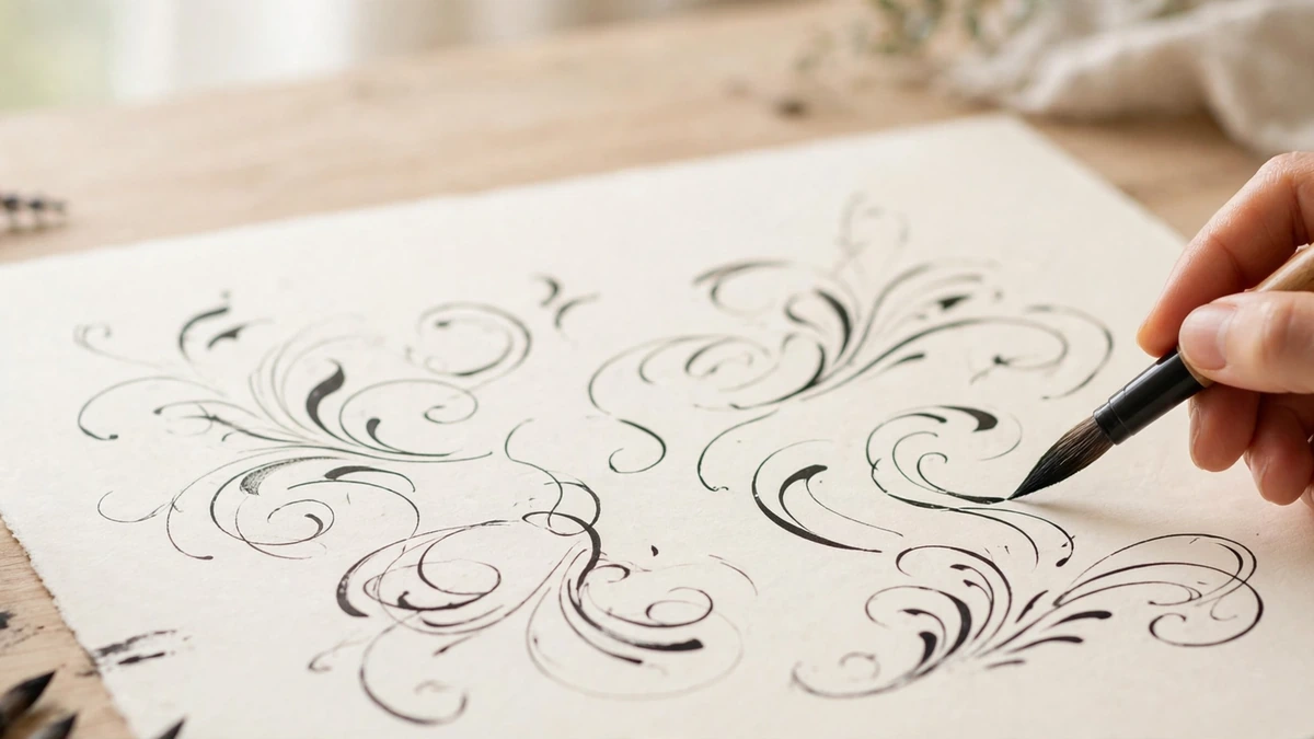 Hand practicing flowing brush-pen calligraphy flourishes on cream paper — calligraphy for beginners