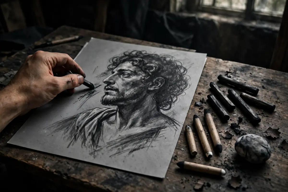 Artist sketching a dramatic charcoal portrait study on toned paper with charcoal sticks nearby — charcoal drawing techniques