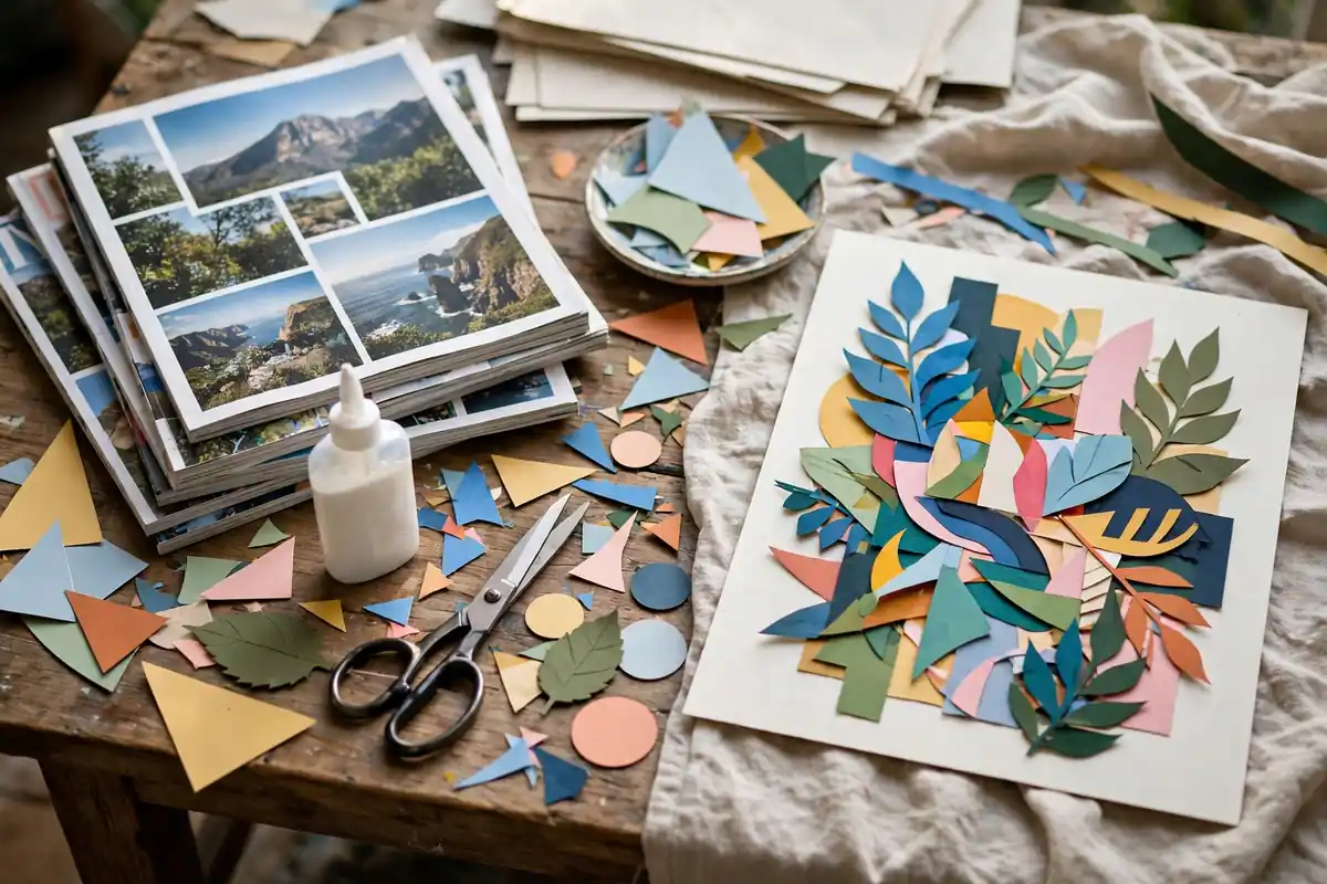 Collage art workspace with cut paper shapes, magazines, glue, and scissors