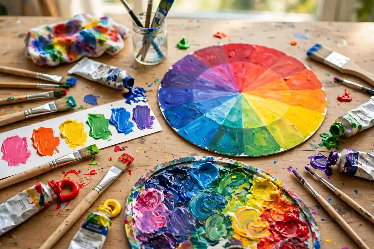 A hand-painted color wheel on an artist's table surrounded by paint tubes, brushes, color swatches, and a palette of mixed paints for learning color theory