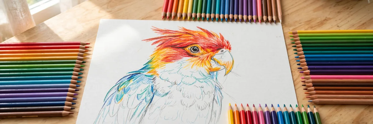 Colored pencil drawing of a bright parrot in progress surrounded by colorful pencils