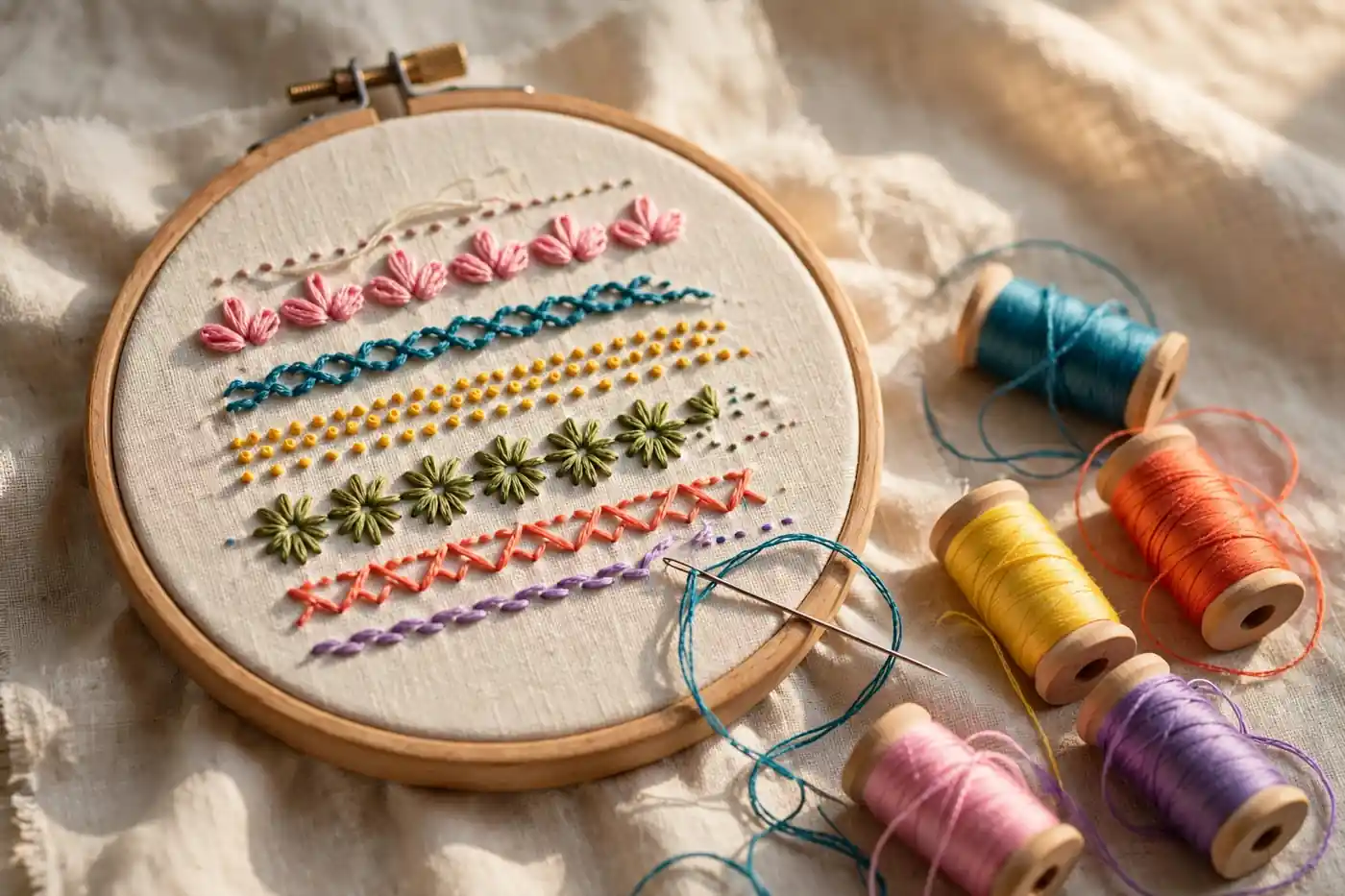 Embroidery hoop with rows of colorful hand embroidery stitches and thread spools — embroidery stitches for beginners