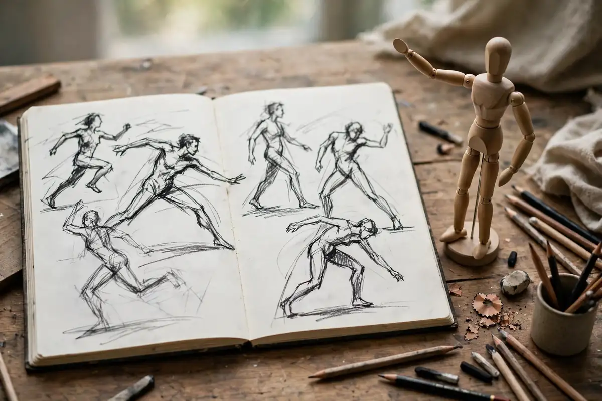 A sketchbook open to gesture drawings of human figures in motion in charcoal and pencil, with a wooden artist mannequin on a studio desk