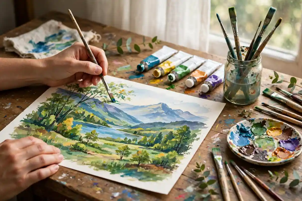 Artist painting a gouache landscape with brushes and gouache paint tubes on a wooden desk — gouache painting for beginners