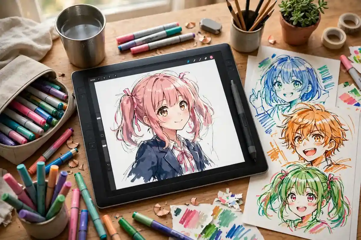 Anime character illustration in progress on a tablet beside colorful marker anime sketches — how to draw anime