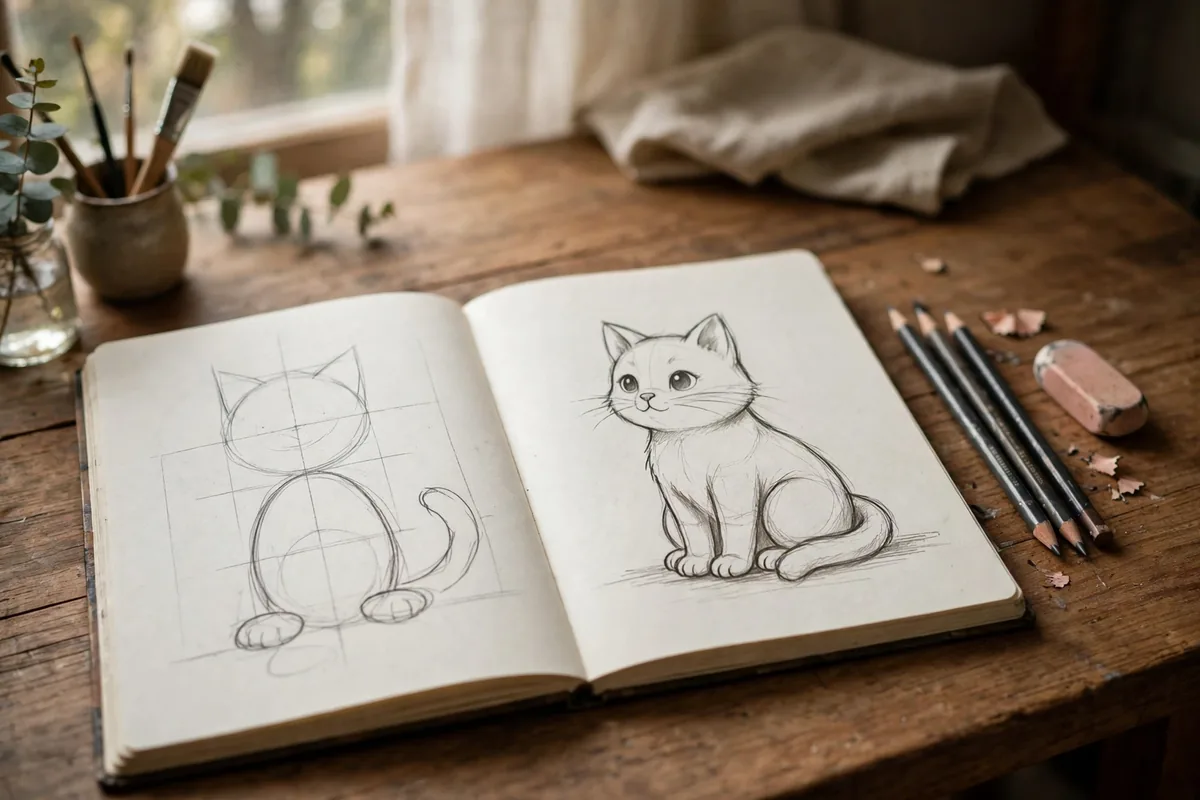 Open sketchbook showing how to draw a cat, with simple construction shapes on one page and a finished pencil cat drawing on the other
