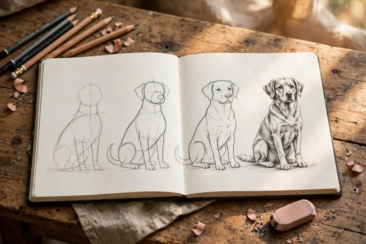 Open sketchbook showing how to draw a dog, with simple construction shapes on one page and a finished pencil dog drawing on the other