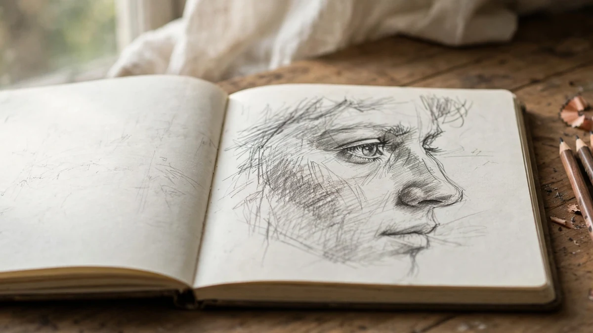 Artist sketching a pencil portrait of a human face in a sketchbook — how to draw faces for beginners
