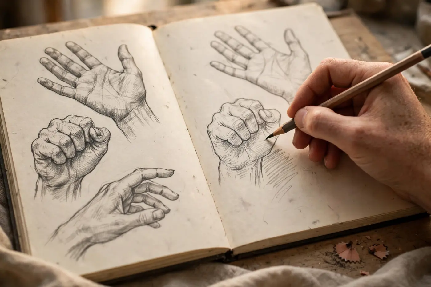 Artist sketching detailed pencil studies of human hands in a sketchbook — how to draw hands for beginners