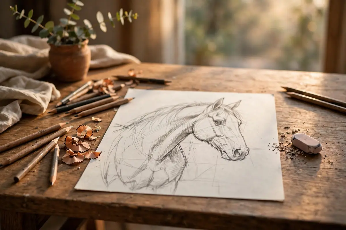 Artist sketching a horse with pencils on paper