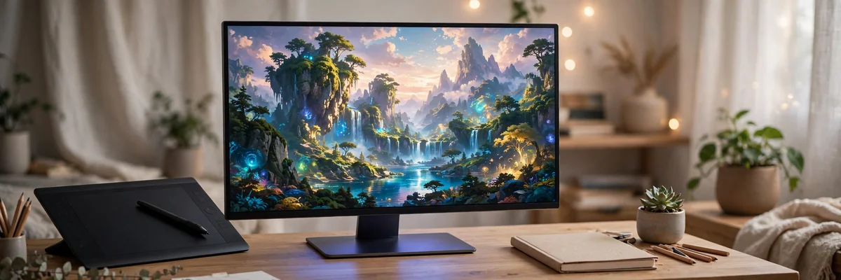 Creative desk with a monitor showing vivid AI-generated fantasy artwork — how to use Midjourney in 2026