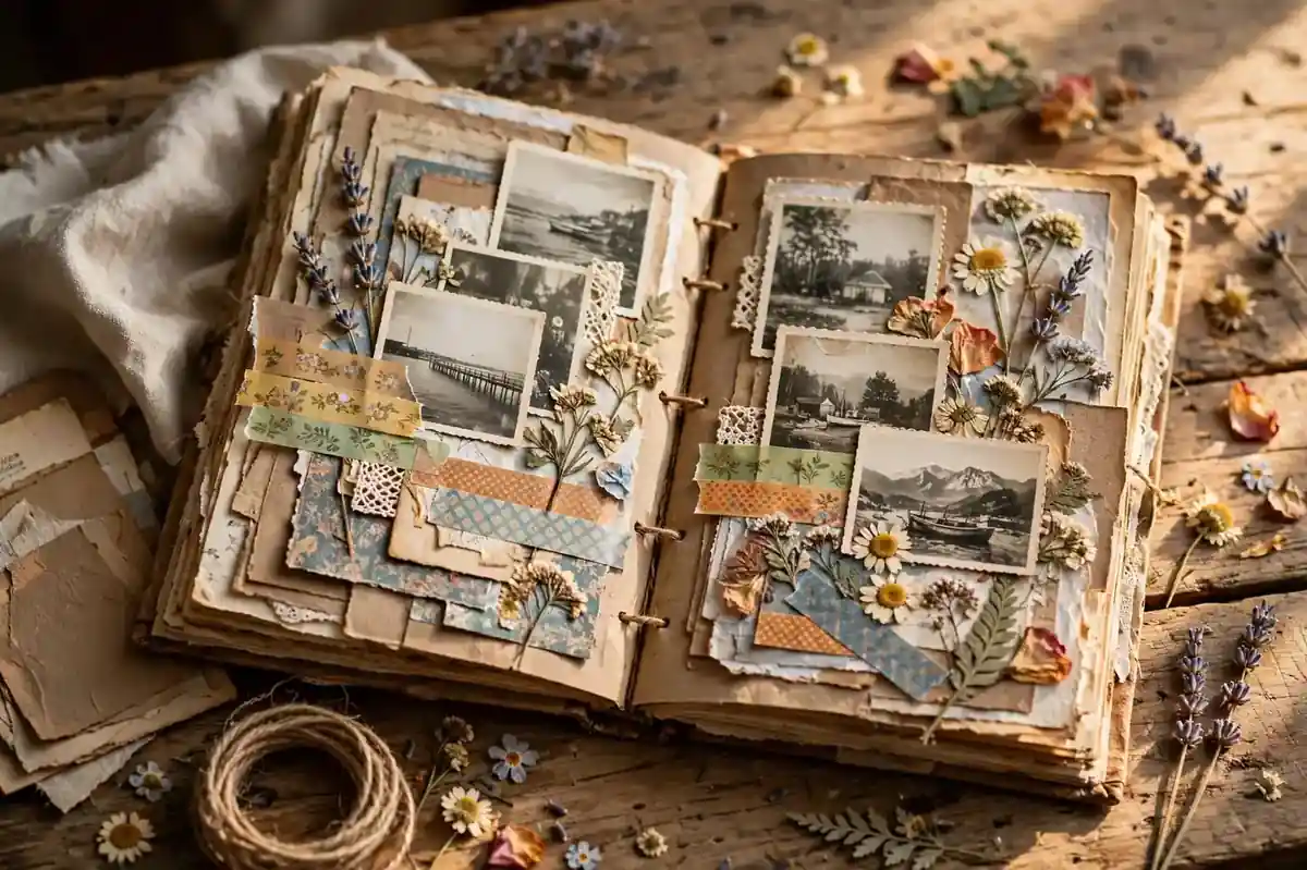 Open handmade junk journal with vintage papers, photos, washi tape and pressed flowers — junk journal ideas