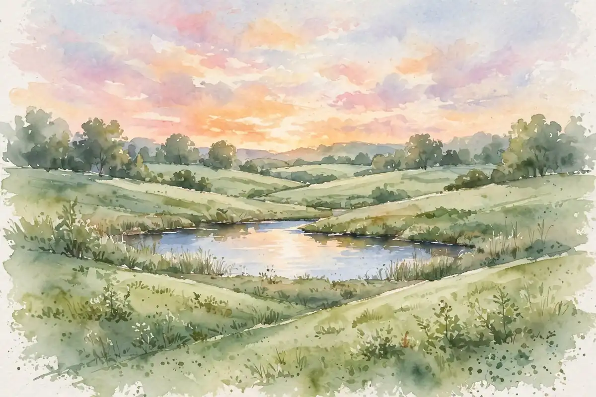 Watercolor landscape painting with green hills, a lake, and a sunset sky