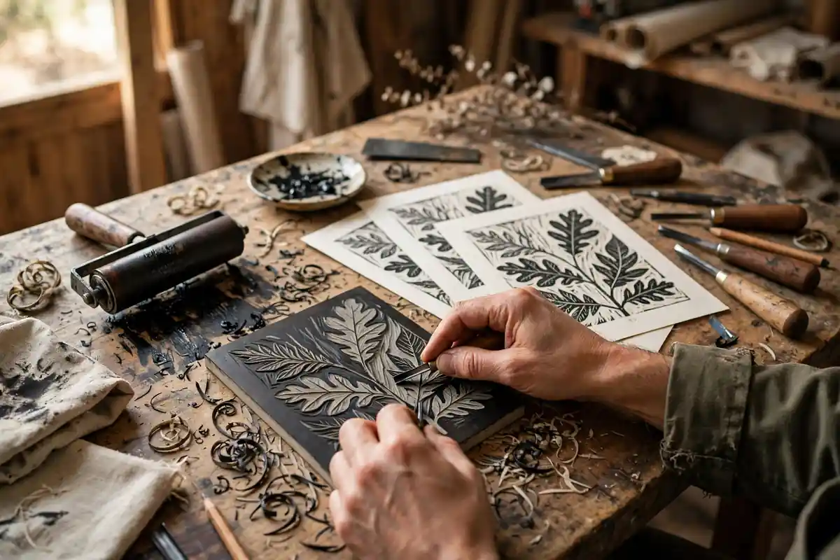 Hands carving a linoleum block with printmaking tools, ink brayer and fresh linocut prints on a workbench — linocut printing for beginners