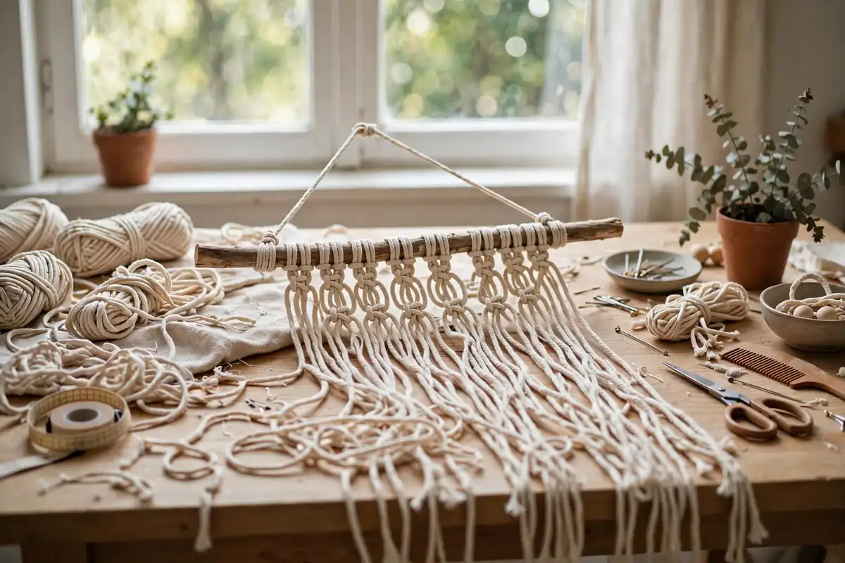 Beginner macrame workspace with cotton cords and a half-finished wall hanging