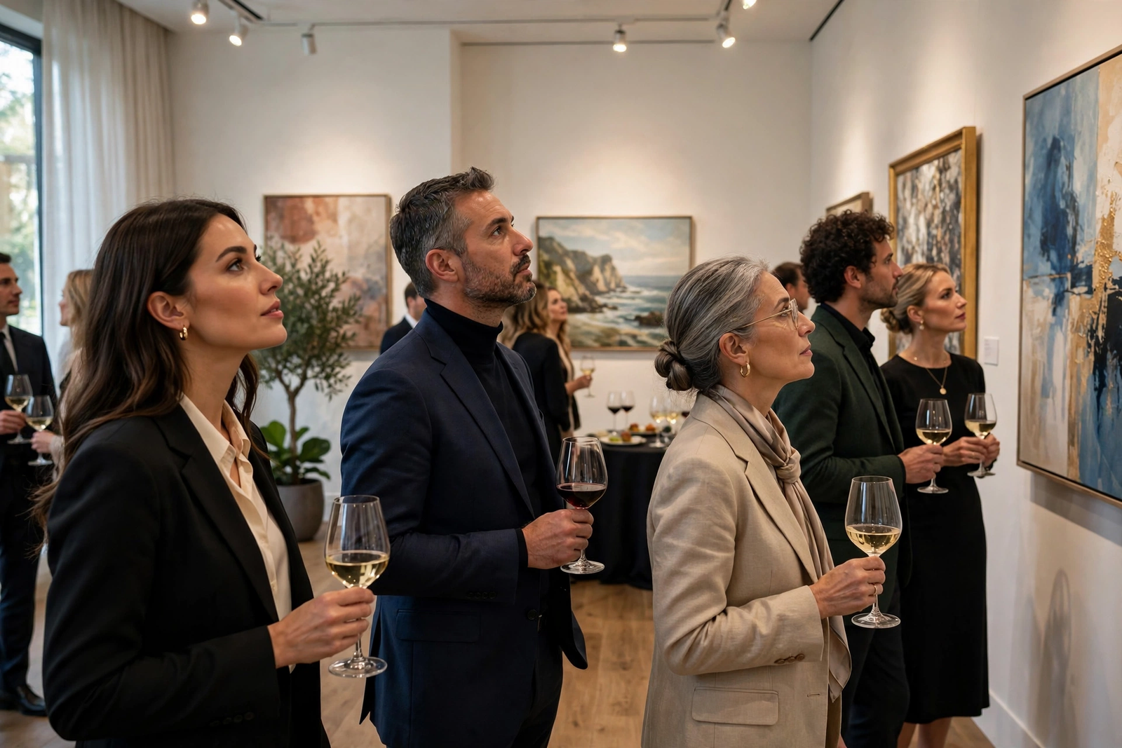 Visitors at an art exhibition opening viewing contemporary artworks