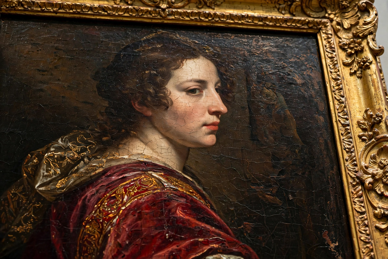 Close-up of classical oil painting showing brushwork and oil painting techniques