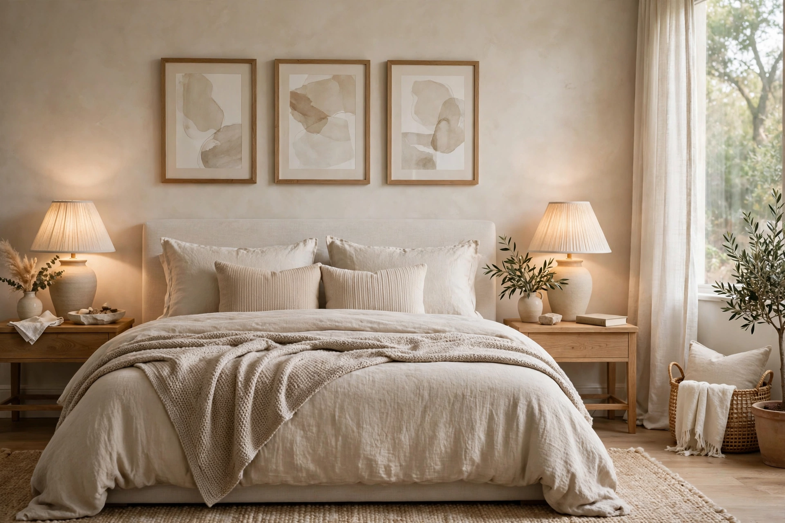 Elegant bedroom wall art ideas featuring framed prints above the bed