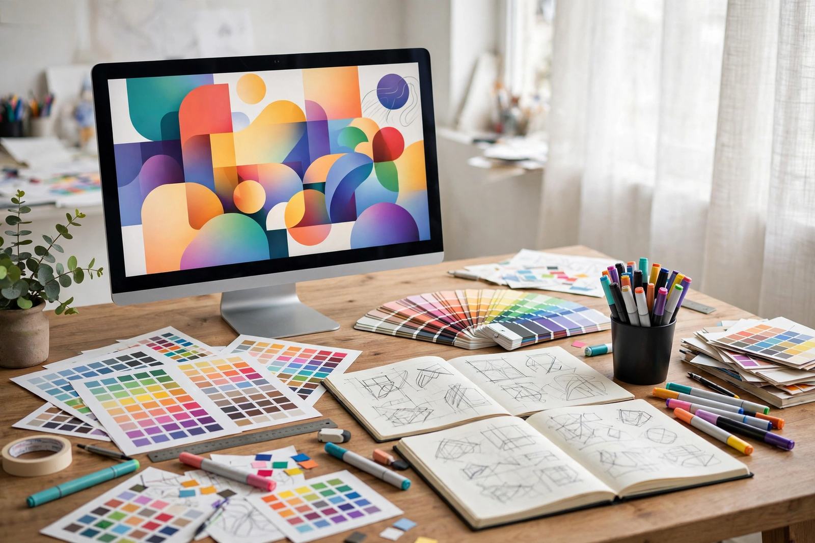 Graphic designer workspace with computer and design tools for beginners learning graphic design tips