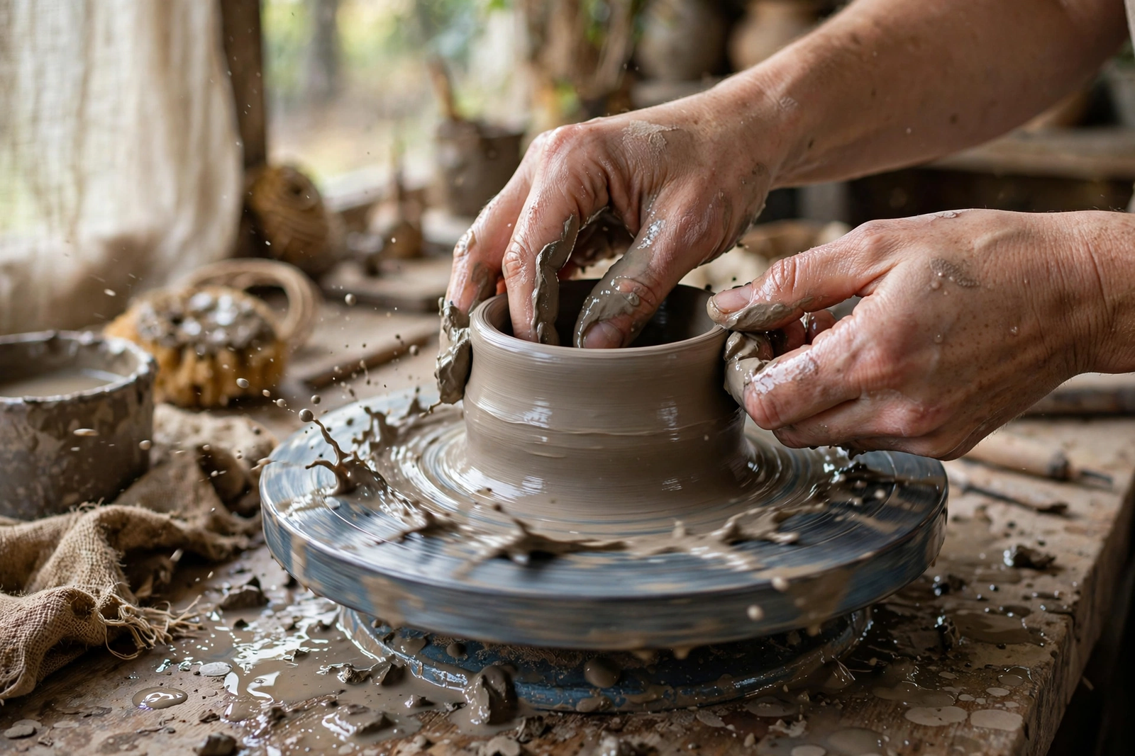 Hands shaping clay on a pottery wheel for pottery beginners